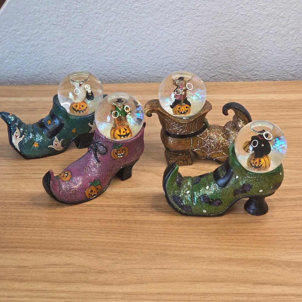 Halloween Snow Globe Witch Boot Set 4pc Black Cat Ghost Scarecrow Pumpkin